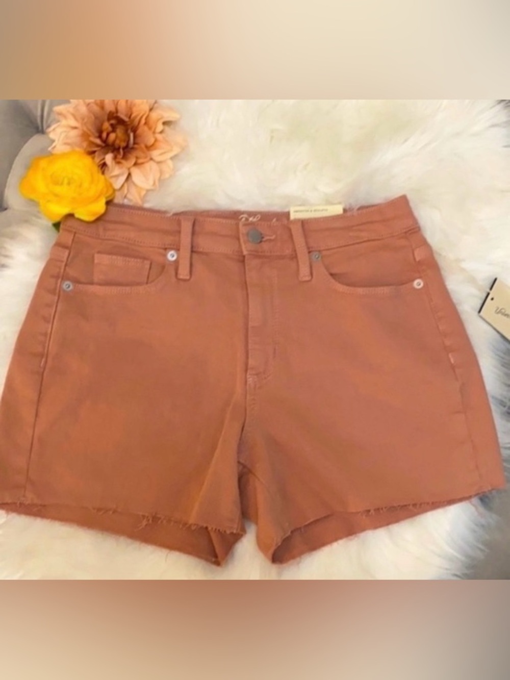 Peach High Rise Midi Shorts With Frayed Edge  Smoothing & Sculpting NEW!